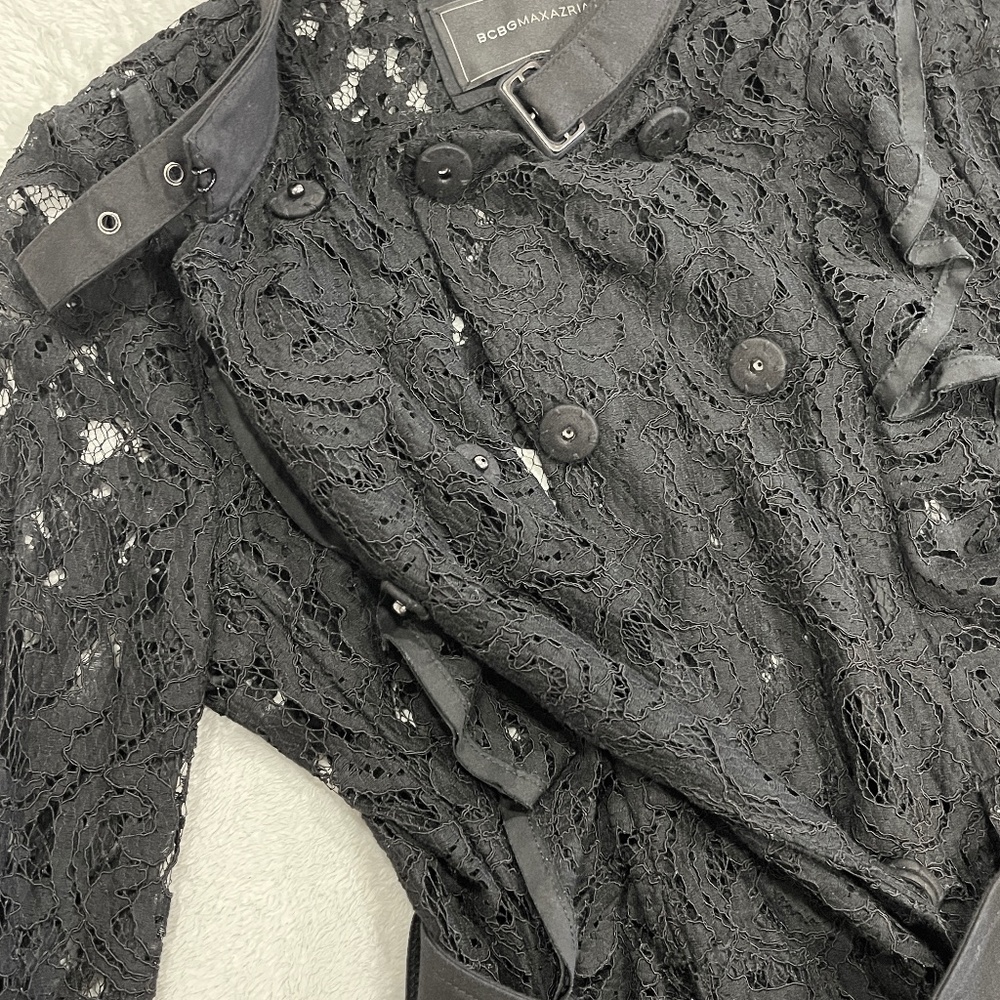 Black Lace Belted Trench Dress / Coat Size XS - Picture 6 of 14